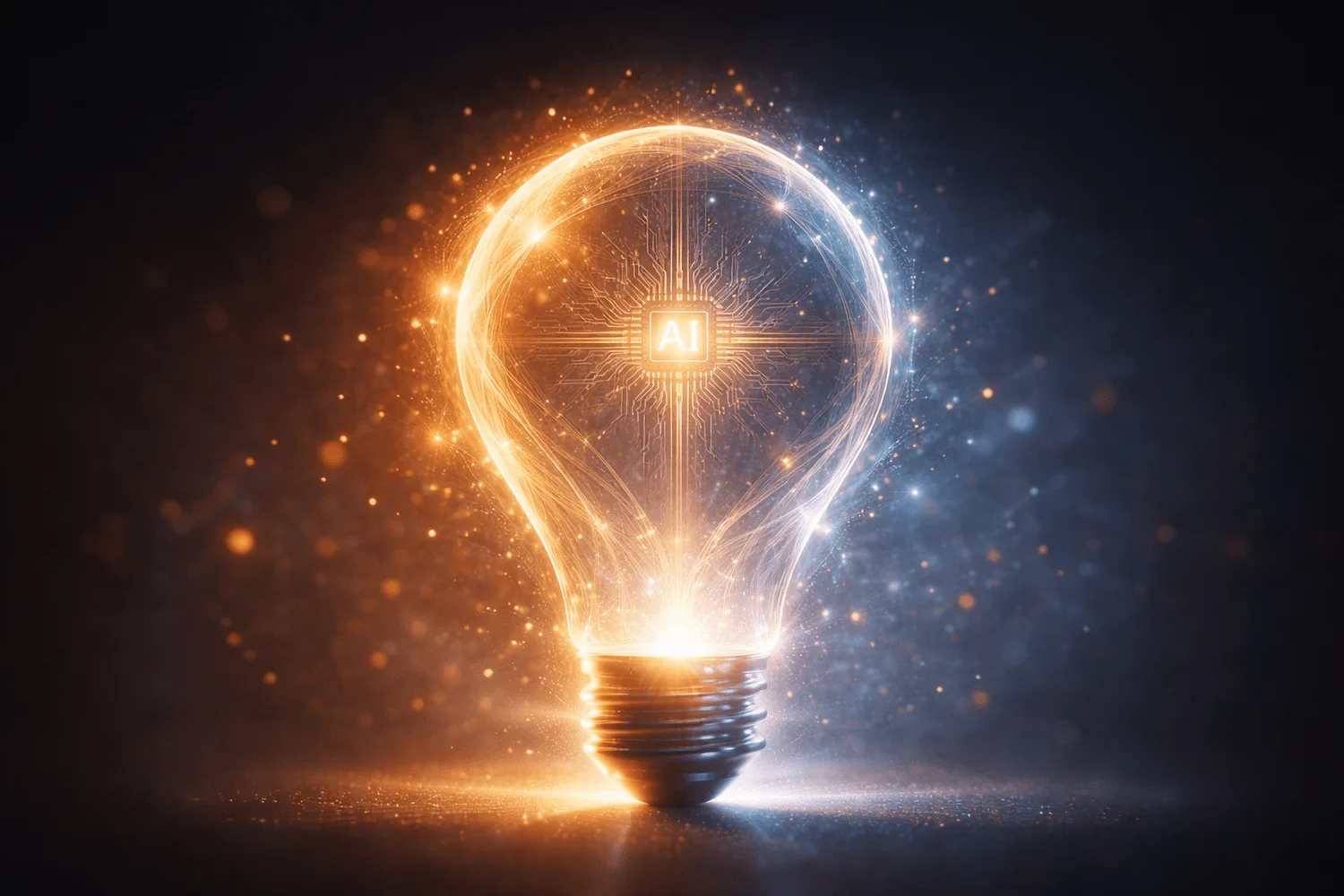 A glowing light bulb with an AI chip at its centre, surrounded by orange and blue sparks on a dark background