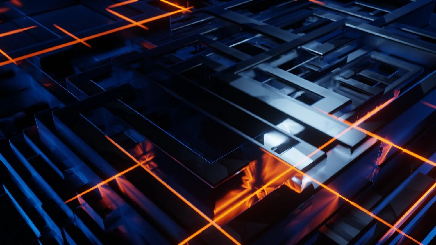 Abstract 3D render of dark metallic circuit-like structures crossed by glowing orange lines