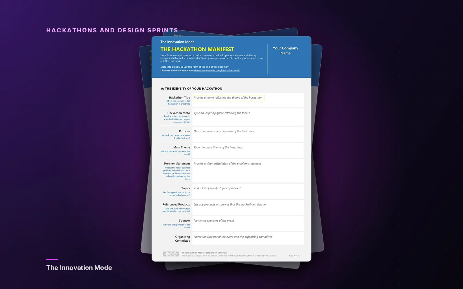 Pages of The Hackathon Manifest, a fill-in form for planning a corporate hackathon