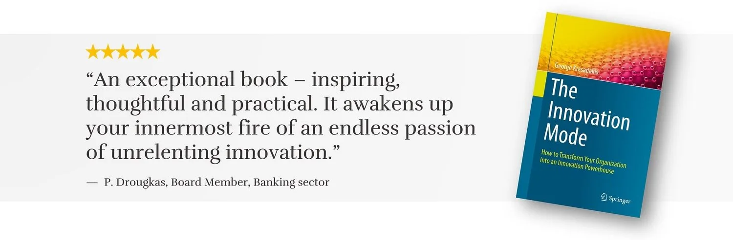 The Innovation Mode book beside a five-star quote from P. Drougkas, Board Member, Banking sector: 'An exceptional book'