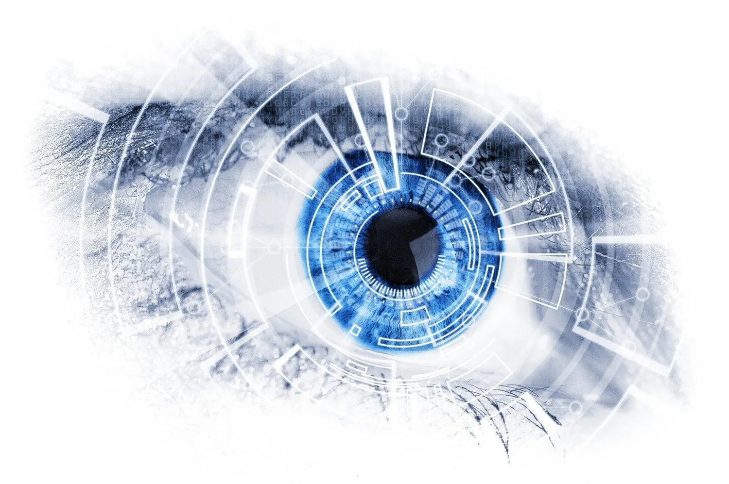 Close-up of a blue human eye overlaid with white digital interface graphics