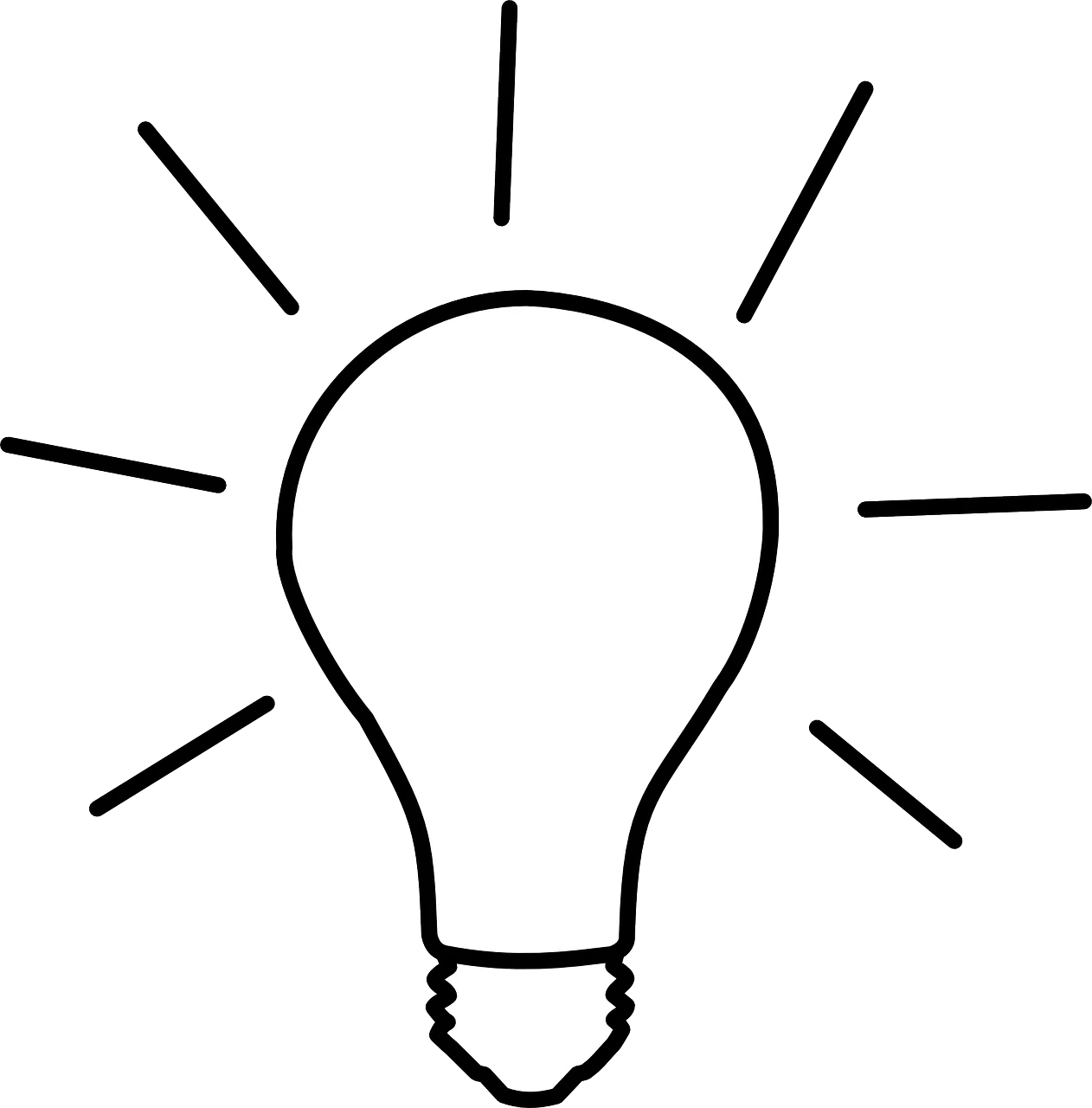 Black outline drawing of a light bulb with rays around it