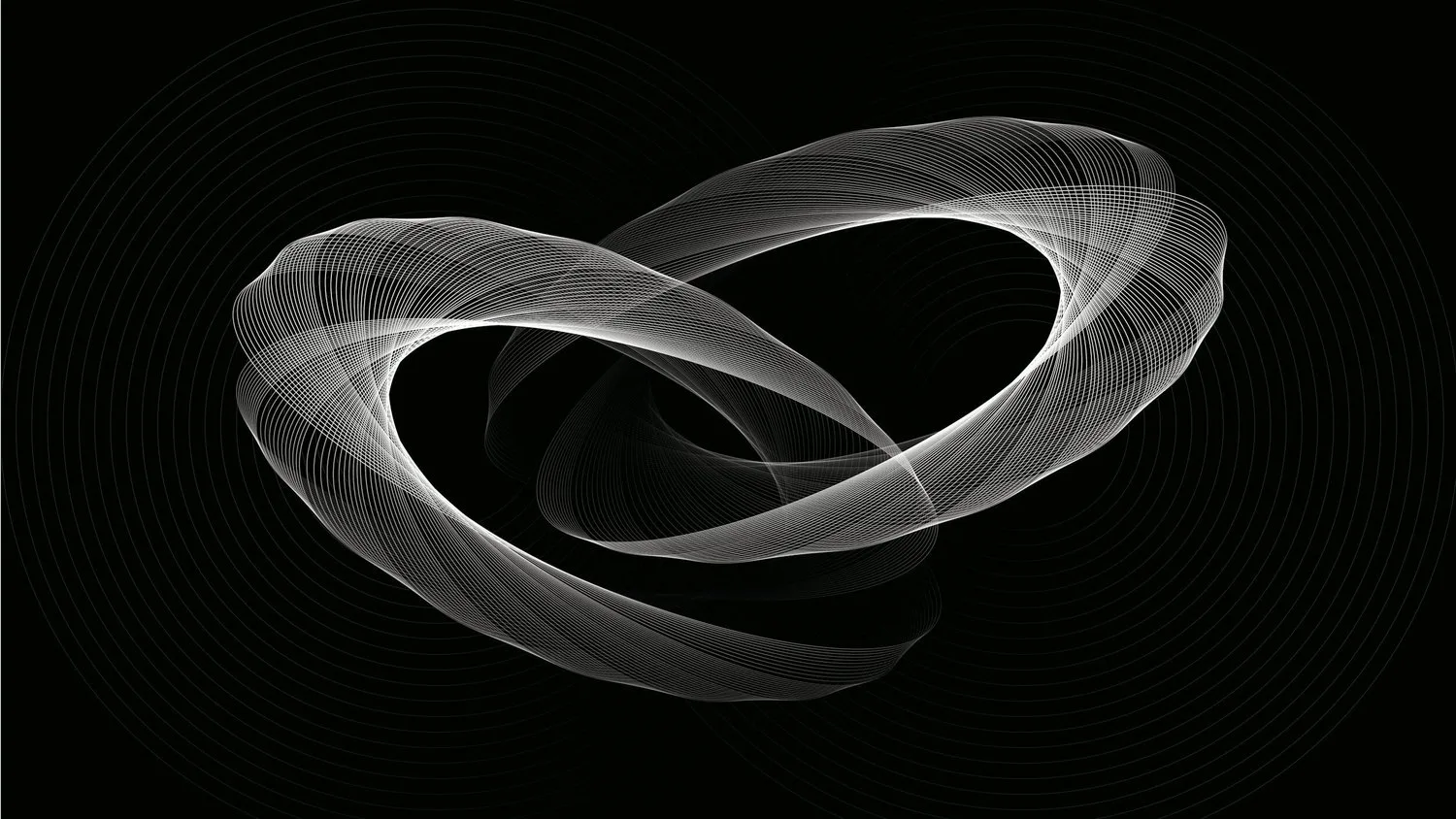 Abstract white mesh of fine lines forming interlocking loops on a black background