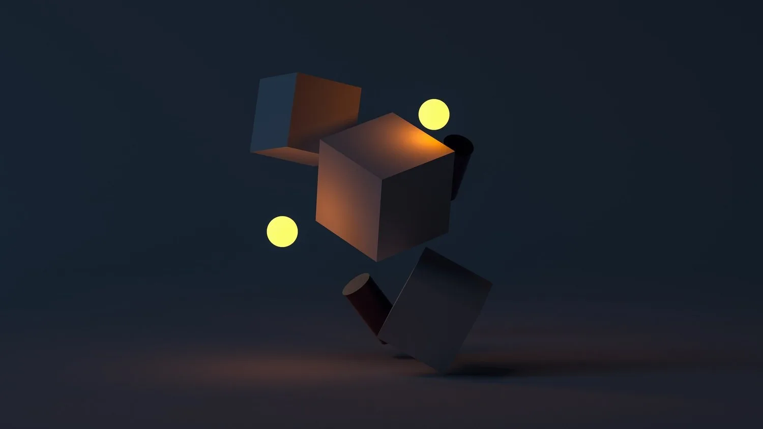 3D render of floating cubes, cylinders and two glowing yellow spheres in a dark space