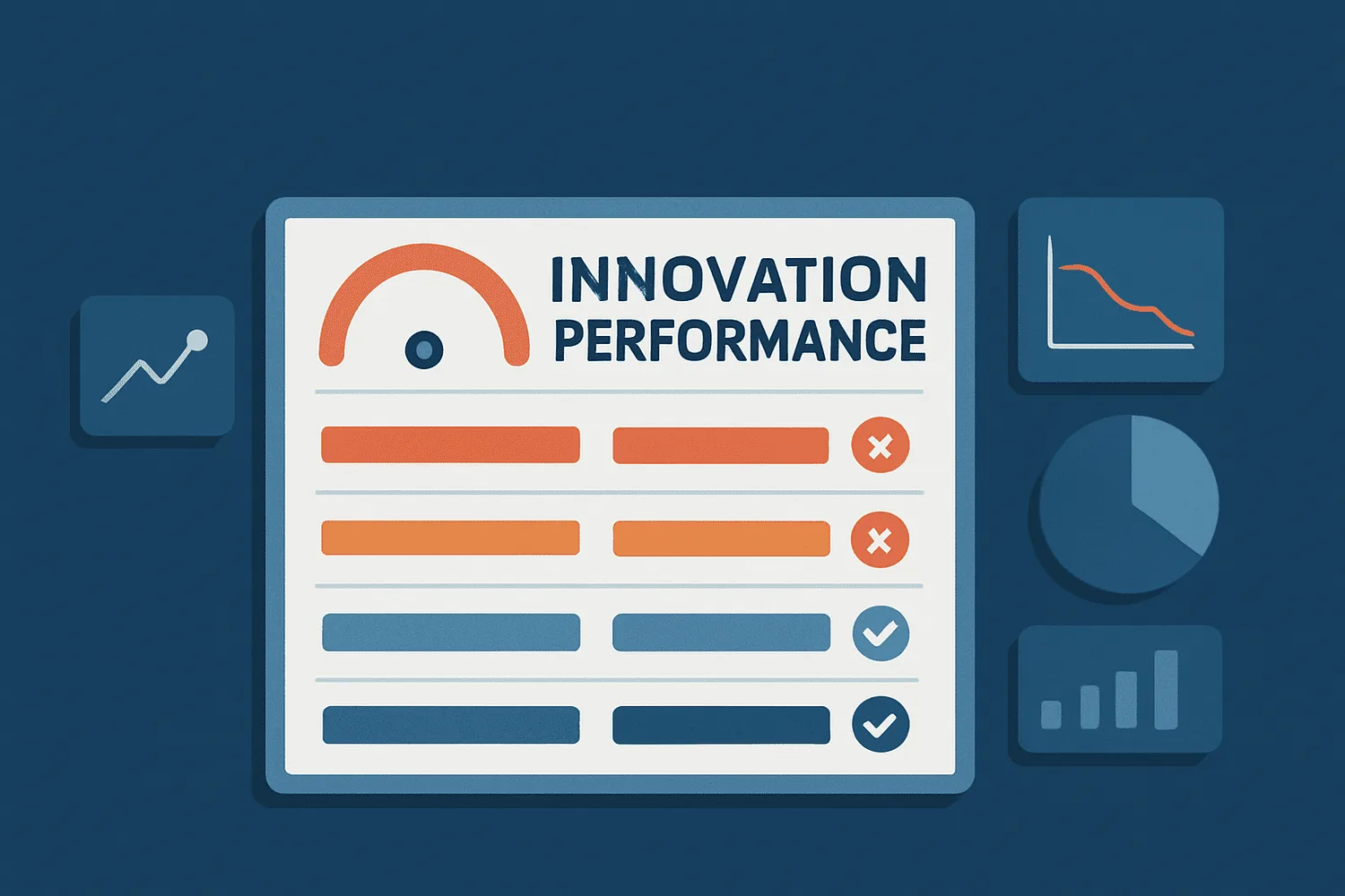 Illustration of an Innovation Performance dashboard with a gauge, two failed and two passed items, and chart icons