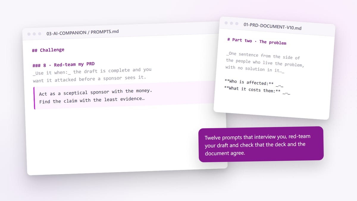 The AI companion: a red-team prompt and the Markdown version of the PRD document template