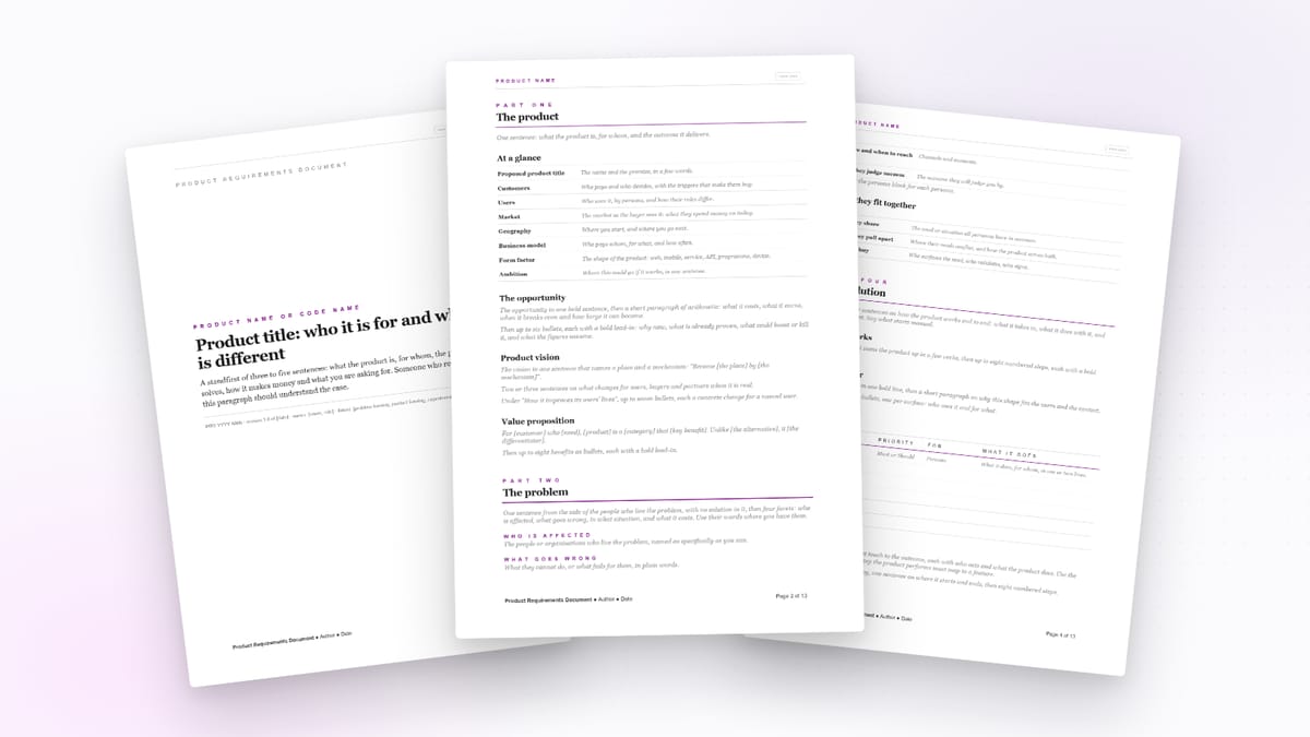 Three pages of the PRD document template with guidance in every section