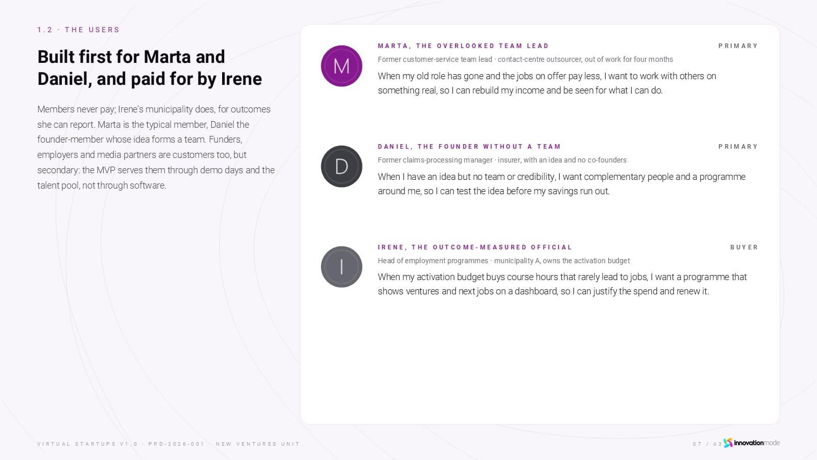 Worked example, slide 7: Built first for Marta and Daniel, and paid for by Irene