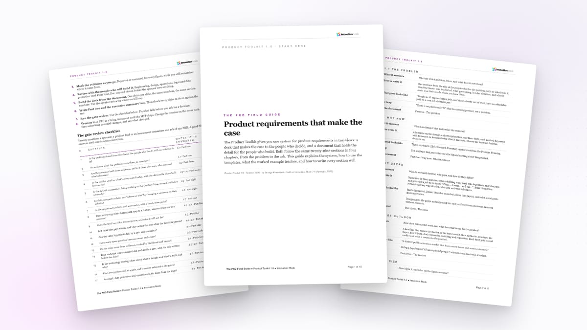 Pages from the PRD Field Guide, including the 20-question gate review