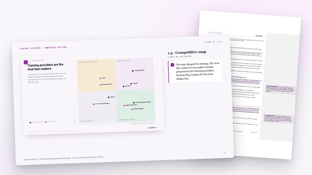 The annotated example: the competitive map slide with the author's note beside it, and a page of the example document with notes in the margin