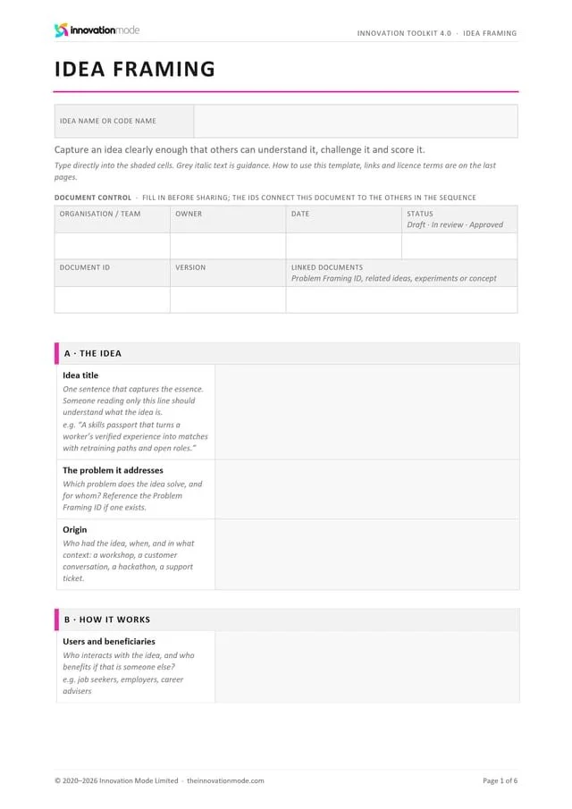 Idea Framing template from the Innovation Toolkit, first page