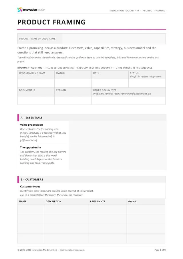 Product Framing template from the Innovation Toolkit 4.0, first page