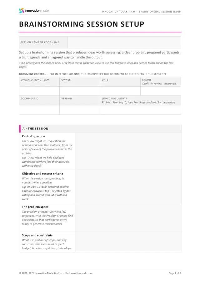 Brainstorming Session Setup template, first page